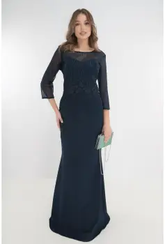 Rochie de seara bleumarin cu strasuri si broderie imagine