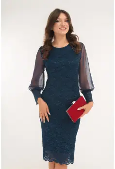 Rochie de seara din dantela bleumarin cu glitter discret imagine