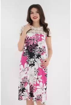 Rochie din saten cu print fucsia si dantela alba imagine