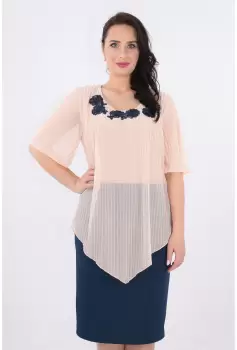 Rochie din stofa bleumarin cu fir metalic si voal roz imagine