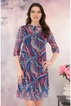 Rochie din tulle cu imprimeu abstract roz-albastru imagine