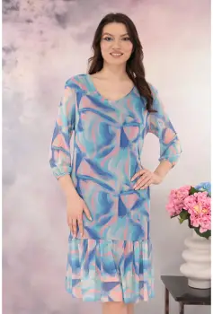Rochie din tulle cu print abstract roz-bleu si volanas la tiv imagine