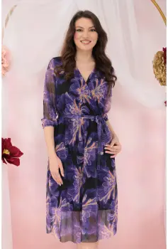 Rochie din tulle mov cu decolteu suprapus si print floral galben imagine