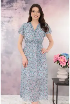Rochie din voal bleu cu print floral roz si decolteu parte peste parte imagine