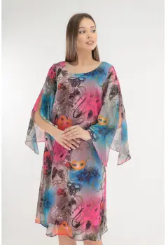 Rochie din voal cu print abstract roz-albastru imagine