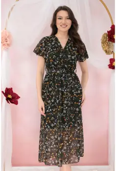Rochie din voal negru cu print floral bej si decolteu parte peste parte imagine