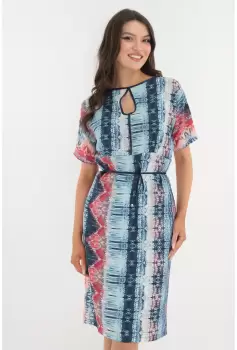 Rochie dreapta albastra cu print abstract rosu imagine