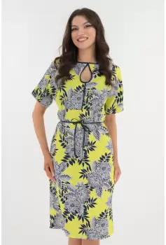 Rochie dreapta galbena cu flori bleumarin imagine