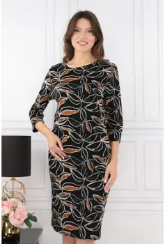 Rochie dreapta neagra cu model floral orange imagine