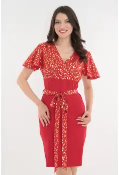 Rochie dreapta rosie cu imprimeu auriu imagine