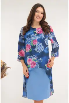 Rochie eleganta albastra cu print floral maxi si aspect suprapus imagine
