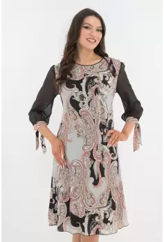 Rochie eleganta bej cu print abstract si maneci din voal imagine
