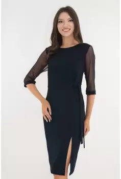 Rochie eleganta bleumarin cu maneci din tulle si cordon in talie imagine