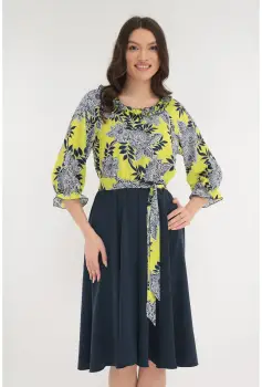 Rochie eleganta bleumarin-galben cu imprimeu floral imagine