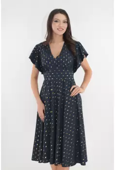Rochie eleganta clos bleumarin cu print auriu imagine