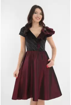 Rochie eleganta clos din tafta bordo si catifea cu glitter imagine