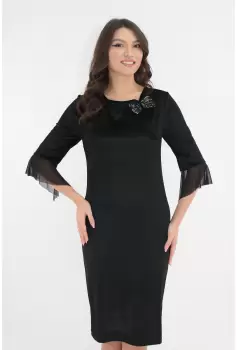 Rochie eleganta din catifea neagra cu fundita aurie la decolteu imagine