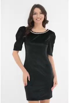 Rochie eleganta din catifea neagra cu margelute si funda satinata ivory imagine
