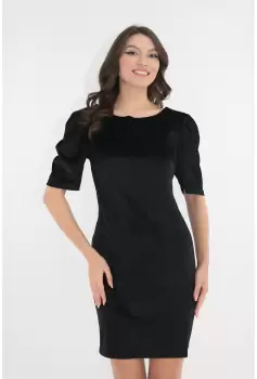 Rochie eleganta din catifea neagra cu paiete si funda satinata magenta imagine