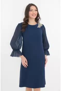 Rochie eleganta din stofa bleumarin cu maneci din voal plisat imagine