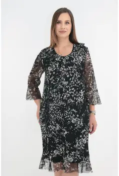 Rochie eleganta din tulle negru cu print floral alb si volanase la decolteu imagine