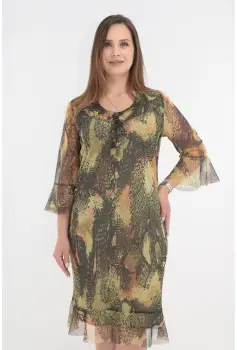Rochie eleganta din tulle olive cu print abstract si volanase la decolteu imagine