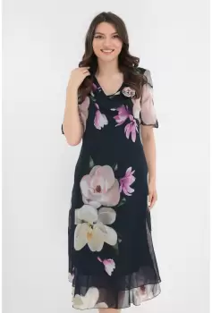 Rochie eleganta din voal bleumarin cu flori maxi crem imagine