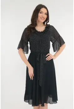 Rochie eleganta din voal bleumarin si voal cu buline crem imagine