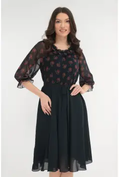 Rochie eleganta din voal bleumarin si voal cu print caramiziu imagine