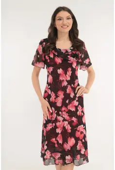 Rochie eleganta din voal bordo cu print floral roz imagine
