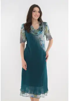 Rochie eleganta din voal turcoaz cu flori maxi imagine