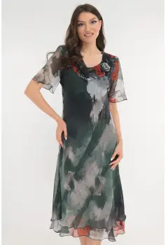 Rochie eleganta din voal verde cu print floral alb-caramiziu imagine