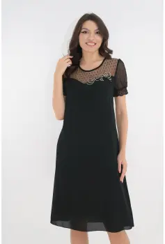 Rochie eleganta neagra cu broderie aurie si maneci din voal plisat imagine
