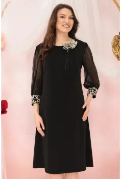 Rochie eleganta neagra cu broderie la maneci imagine