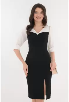 Rochie eleganta neagra cu decolteu parte peste parte si slit discret imagine