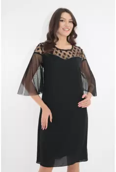 Rochie eleganta neagra cu insertii din tulle cu buline si franjuri imagine