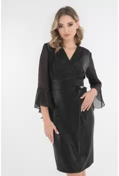 Rochie eleganta neagra din jerse sidefat si accesorizata cu brosa imagine