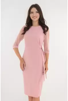 Rochie eleganta roz-pudra cu maneci din tulle si cordon in talie imagine