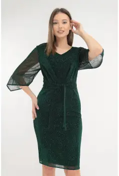 Rochie eleganta verde din tulle cu fir stralucitor si glitter imagine