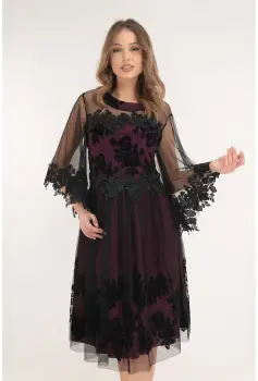 Rochie eleganta violet cu tulle negru si broderie florala imagine