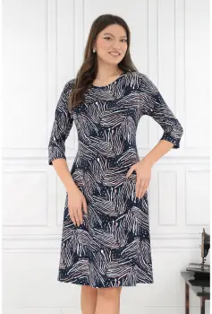 Rochie evazata bleumarin cu print abstract alb-bej imagine
