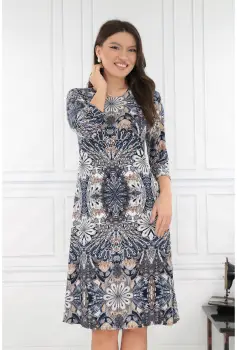 Rochie evazata cu print abstract bleumarin-bej imagine