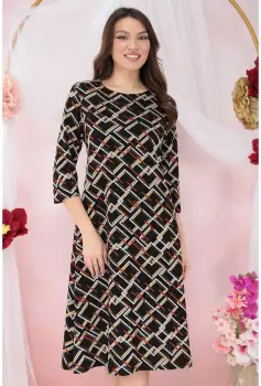 Rochie evazata din jerse negru cu print geometric caramiziu imagine