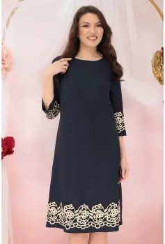 Rochie evazata din stofa bleumarin cu broderie florala bej imagine