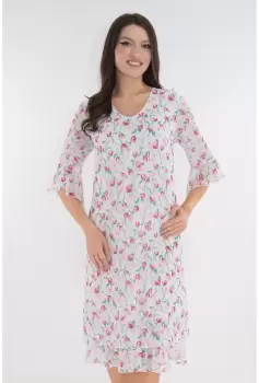 Rochie evazata din voal alb cu print floral roz imagine