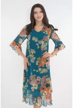 Rochie evazata din voal albastru cu print floral maxi imagine