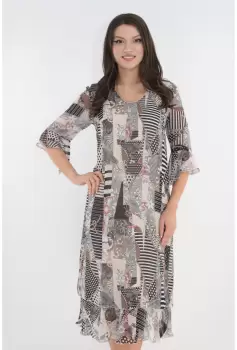 Rochie evazata din voal cu print abstract multicolor imagine