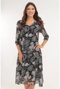 Rochie evazata din voal negru cu flori gri imagine