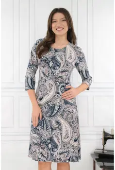 Rochie evazata gri-bej cu imprimeu floral imagine