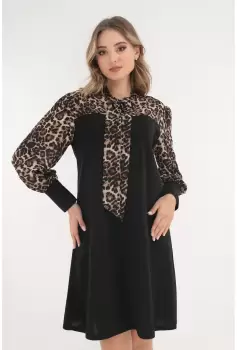 Rochie evazata neagra cu animal print la maneci si decolteu imagine